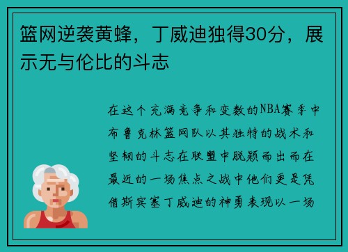 篮网逆袭黄蜂，丁威迪独得30分，展示无与伦比的斗志